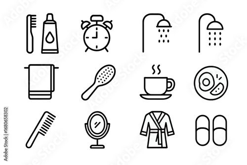 Morning Routine Icons. Outline icon set of morning routine: toothbrush, toothpaste, alarm clock, shower, towel