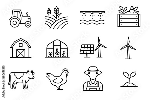 Sustainable Farming Icons. Outline icon set of sustainable farming: tractor, crop field, irrigation system,