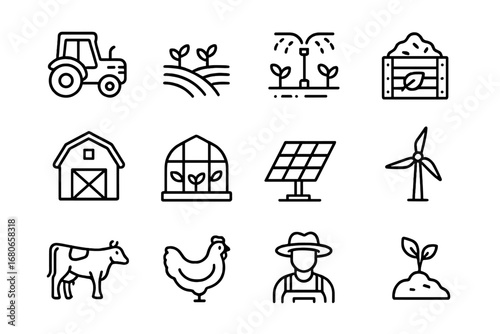 Sustainable Farming Icons. Outline icon set of sustainable farming: tractor, crop field, irrigation system,