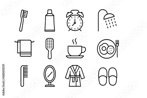 Morning Routine Icons. Outline icon set of morning routine: toothbrush, toothpaste, alarm clock, shower, towel