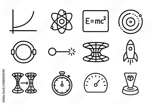 Physics Icon Set. Outline icon set of physics of time: relativity curve, atomic clock, equation, particle,