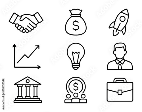 Venture Capital Icons. Outline icon set of venture capital funding: handshake, money bag, startup rocket,