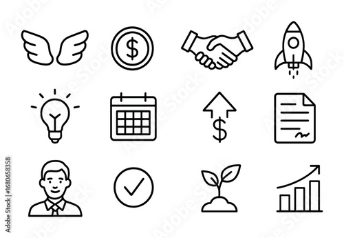 Angel Investment Icons. Outline icon set of angel investing: wings, dollar coin, handshake, startup rocket,