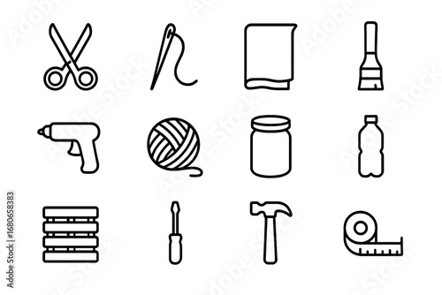 Upcycling Tools Icons. Outline icon set of upcycling projects: scissors, sewing needle, fabric, paintbrush,