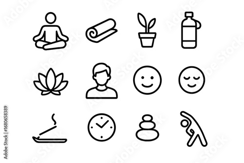 Wellness Icon Set. Outline icon set of wellness class: meditation pose, yoga mat, plant, water bottle, lotus,