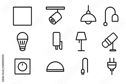 Lighting Fixture Icons. Outline icon set of commercial lighting fixtures: ceiling panel, track light, recessed