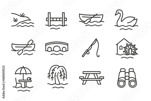 Riverside Sightseeing Icons. Outline icon set of riverside sightseeing: riverbank, dock, rowboat, swan, canoe,