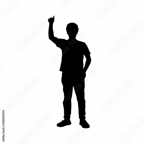 Confident young man celebrating achievement with raised hand silhouette