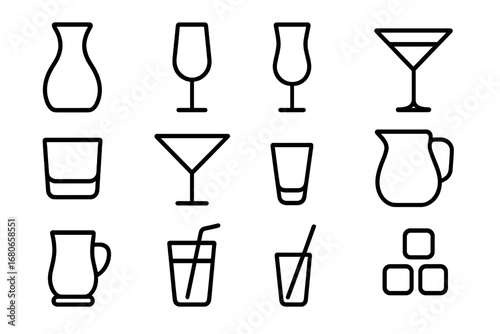 Glass Drinkware Icons. Outline icon set of glass drinkware: water carafe, wine decanter, champagne flute,