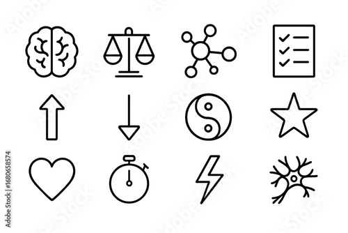 Dopamine Regulation Icons. Outline icon set of dopamine regulation: brain, balance scale, molecule, checklist,