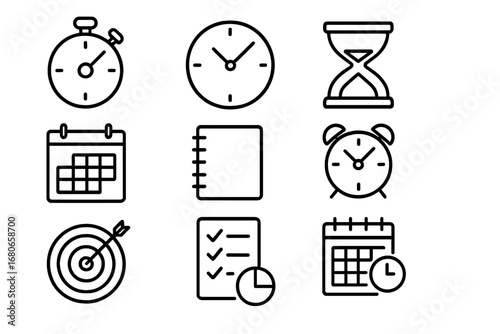Time Management Icons. Outline icon set of time management skills: stopwatch, wall clock, hourglass, calendar,
