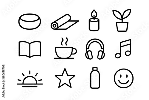 Stress Management Icons. Outline icon set of stress management: meditation cushion, yoga mat, candle, plant,