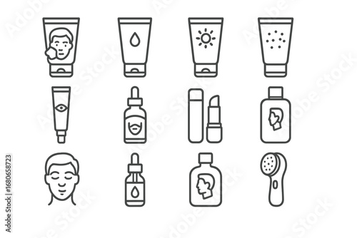 Men's Skincare Icons. Outline icon set of skincare for men: face wash, moisturizer, sunscreen, exfoliant, eye