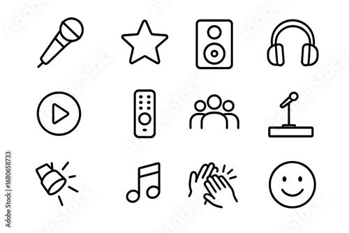 Home Karaoke Icons. Outline icon set of home karaoke parties: microphone, star, speaker, headphones, play