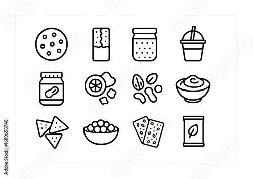 Vegan Snack Icons. Outline icon set of vegan protein snacks: protein cookie, granola bar, chia pudding,