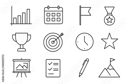Goal Tracking Icons. Outline icon set of goal milestone tracking: bar chart, calendar, flag, medal, trophy,
