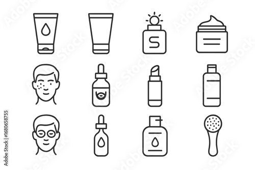 Men's Skincare Icons. Outline icon set of skincare for men: face wash, moisturizer, sunscreen, exfoliant, eye