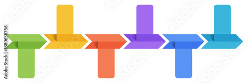 Horizontal timeline infographic template with six arrows with place dates and text