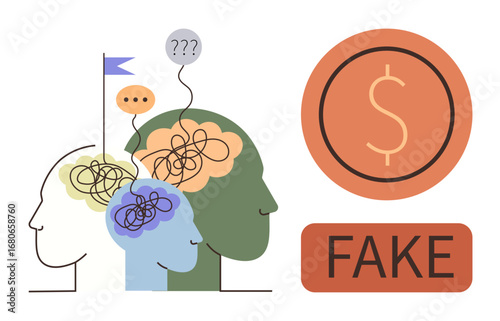 People with tangled thoughts, flag symbolizing goals, speech bubbles, confused emotions near fake money icon. Ideal for psychology, decision-making, finance, fraud awareness, communication identity