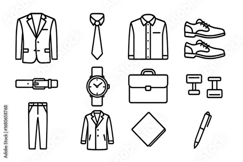 Men's Business Attire Icons. Outline icon set of business attire for men: suit jacket, tie, dress shirt,