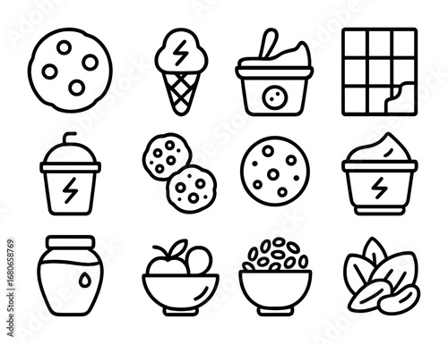 Protein Treat Icons. Outline icon set of sweet protein treats: protein cookie, protein ice cream, protein