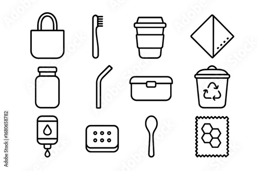 Zero Waste Icons. Outline icon set of zero waste lifestyle classes: tote bag, bamboo toothbrush, reusable cup,