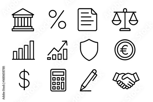 Central Bank Icon Set. Outline icon set of central bank policies: bank building, percentage sign, document,