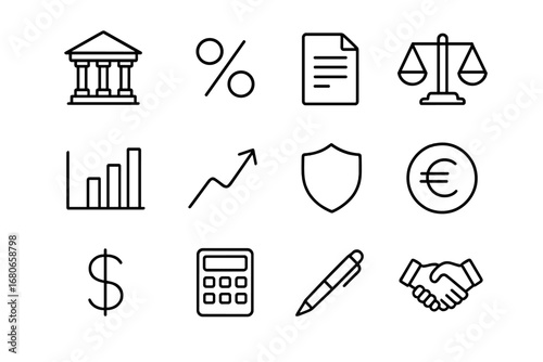 Central Bank Icon Set. Outline icon set of central bank policies: bank building, percentage sign, document,