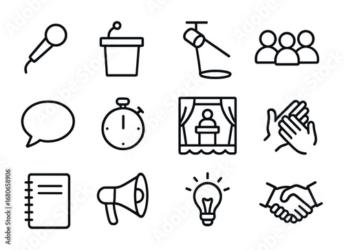 Inspiring Speech Icons. Outline icon set of inspiring speeches: microphone, podium, spotlight, audience,