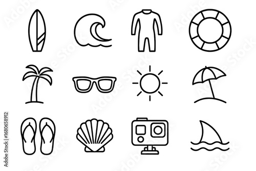 Surfing Icon Set. Outline icon set of surfing and waves: surfboard, wave, wetsuit, lifebuoy, palm tree,