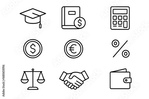 Student Loan Icons. Outline icon set of student loans: graduation cap, book, contract document, calculator,