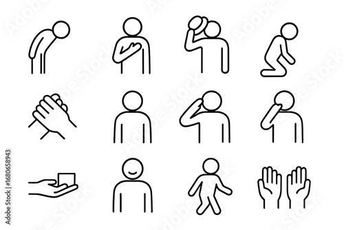 Respect Icons Set. Outline icon set of expressions of respect: bow, hand on heart, removing hat, kneeling,