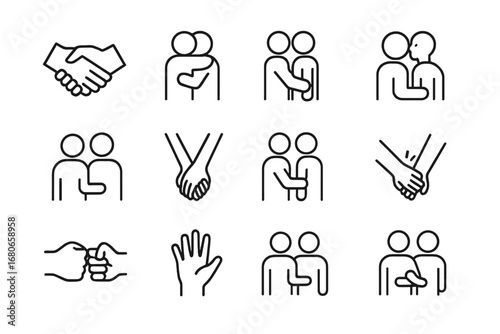 Touch Communication Icons. Outline icon set of touch-based communication: handshake, hug, pat on back, cheek