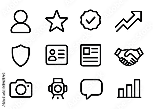 Public Image Icons Grid. Outline icon set of public image management: person icon, star, verified badge,