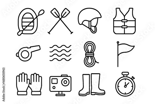 White-Water Rafting Icons. Outline icon set of white-water rafting: inflatable raft, paddles, helmet, life