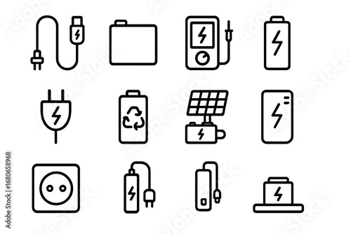 Battery Maintenance Icons. Outline icon set of battery maintenance: charging cable, battery pack, multimeter,