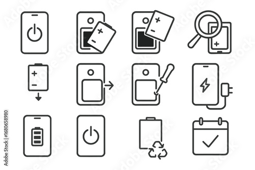 Battery Replacement Icons. Outline icon set of battery replacement workflow: power off device, open