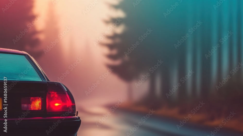 Obraz premium Car parked on a misty road surrounded by tall trees in the early morning