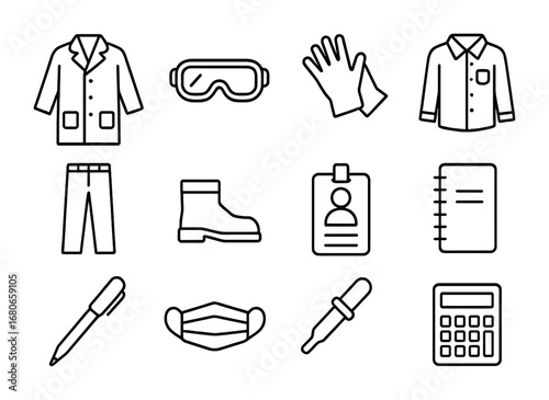 Science Fashion Icons. Outline icon set of fashion for scientists: lab coat, safety goggles, gloves, shirt,