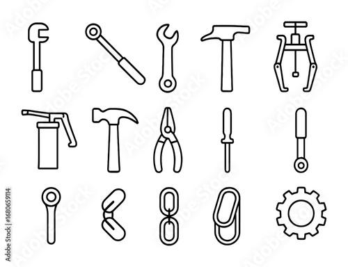 Industrial Tool Icons. Outline icon set of industrial maintenance: socket wrench, torque wrench, spanner,