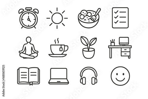 Morning Routine Icons. Outline icon set of productive mornings: alarm clock, sunlight, healthy breakfast,