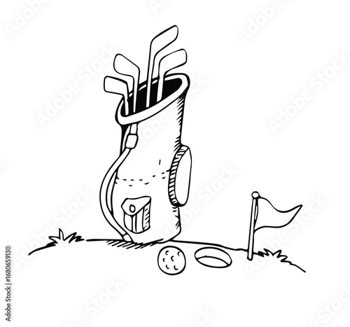 golf club backpack in the middle of the golf course hand drawn sketch