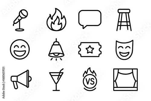 Comedy Icon Set. Outline icon set of roast battles: microphone, flames, speech bubble, stool, laughing face,