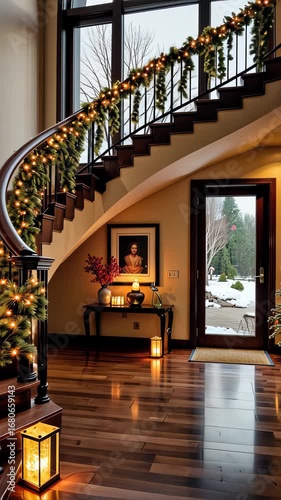 Elegant Interior with Spiraling Staircase Adorned with Festive Garland and Soft Lighting Creates a Warm Holiday Atmosphere