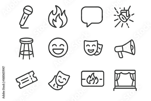 Comedy Icon Set. Outline icon set of roast battles: microphone, flames, speech bubble, stool, laughing face,