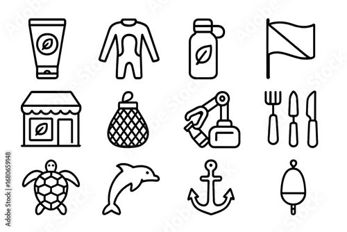 Eco-Friendly Diving Icons. Outline icon set of eco-friendly diving: biodegradable sunscreen, reef-safe wetsuit