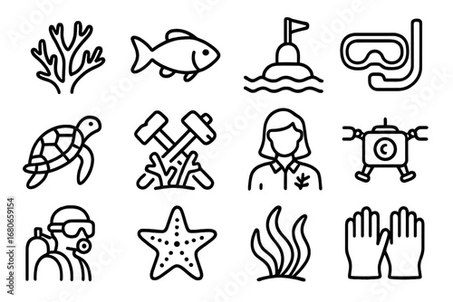 Coral Conservation Icons. Outline icon set of coral reef conservation: coral branch, fish, reef buoy,