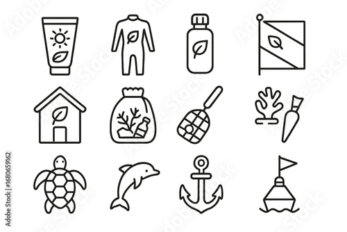 Eco-Friendly Diving Icons. Outline icon set of eco-friendly diving: biodegradable sunscreen, reef-safe wetsuit