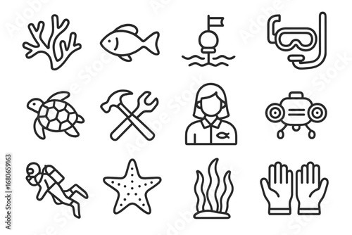Coral Conservation Icons. Outline icon set of coral reef conservation: coral branch, fish, reef buoy,