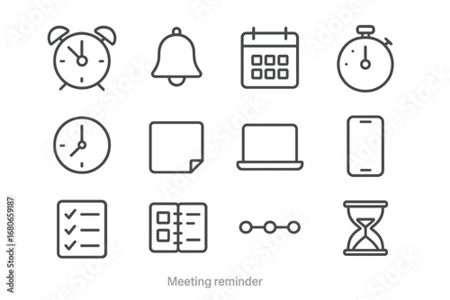 Meeting Reminder Icons. Outline icon set of meeting reminders: alarm clock, bell, calendar, stopwatch, wall